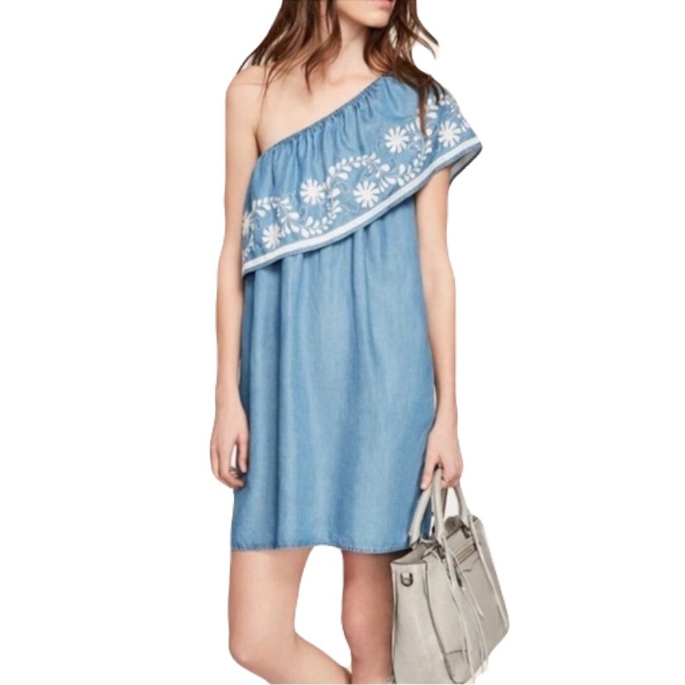 Rebecca Minkoff Dress Blue Rita Embroidered Chambray One Shoulder Shift Mini